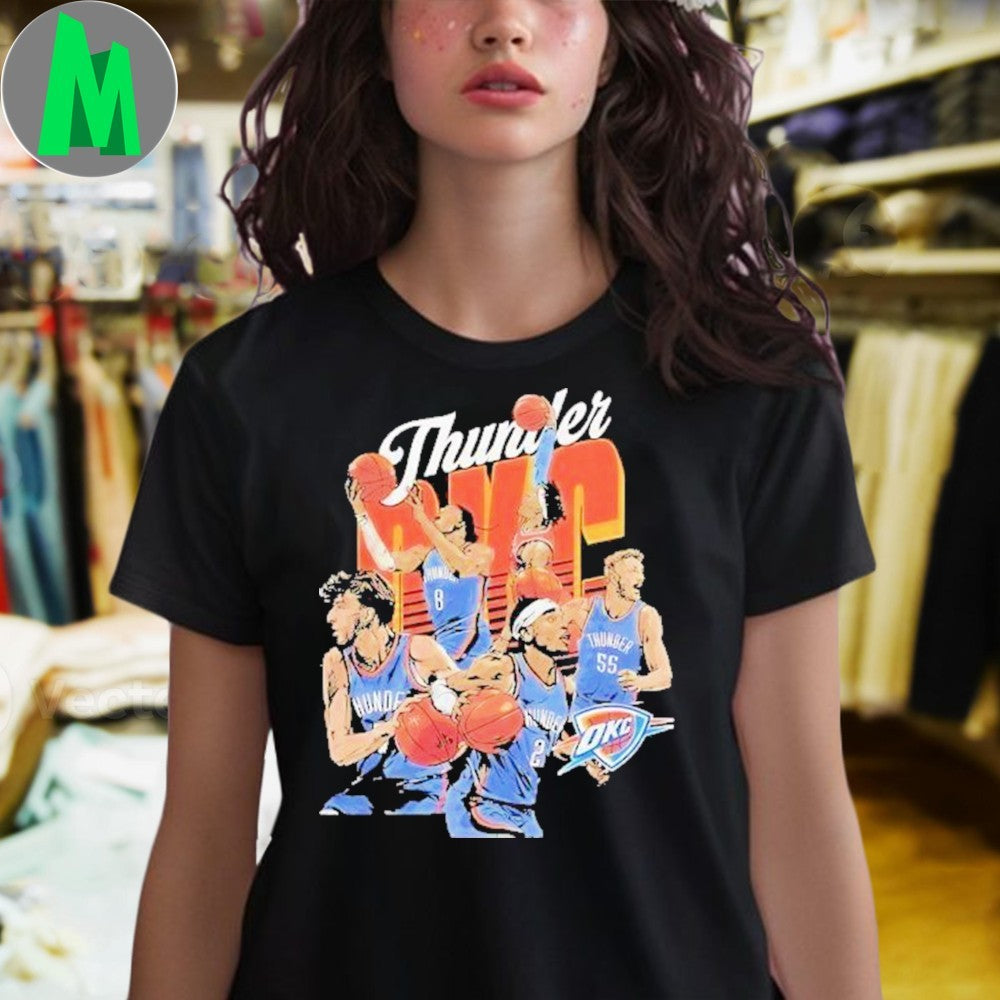 Design OKC Thunder Basketball Starting 5 Players Caricature Graphic T-Shirt
