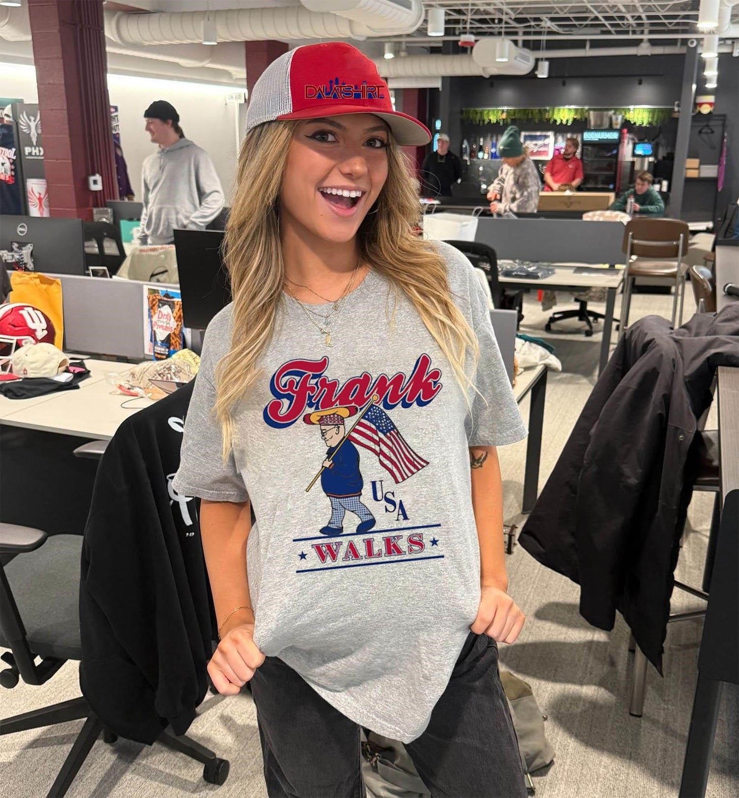 Frank USA Walks Hot Dog Character With American Flag shirt
