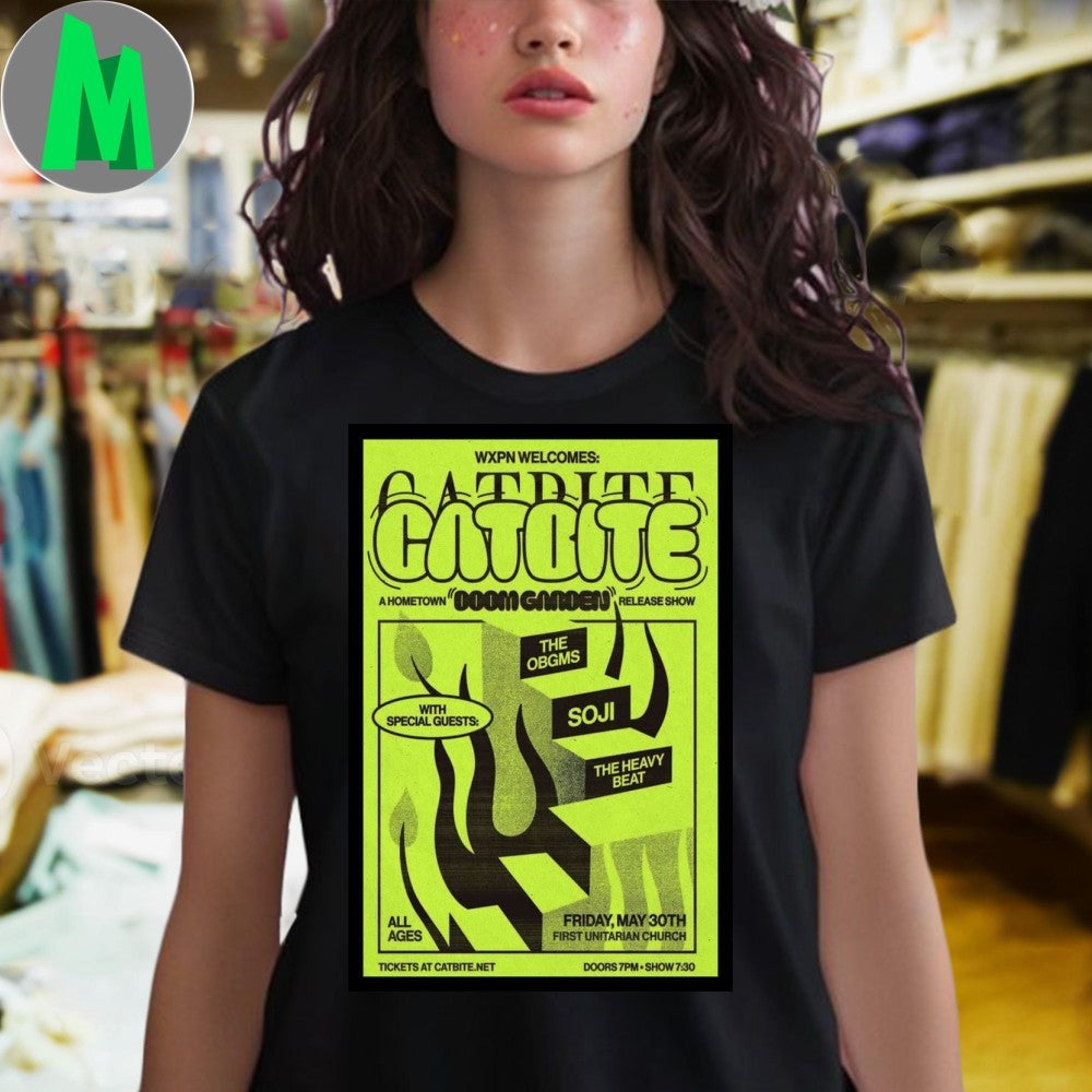 Catbite Philadelphia 2025 Concert Poster T-Shirt Ska Punk Band Apparel Lime Green