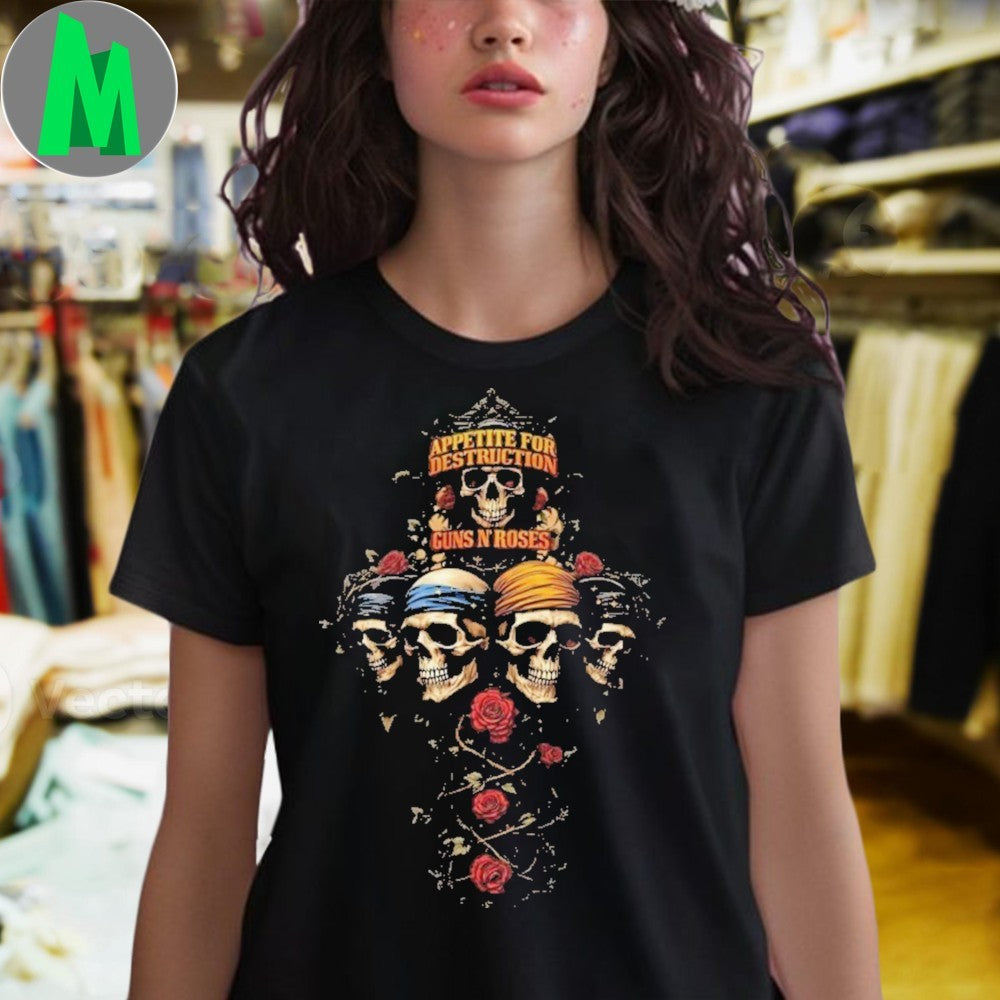 Guns N Roses Appetite For Destruction Skull Cross Band T-Shirt Rock Music Tee