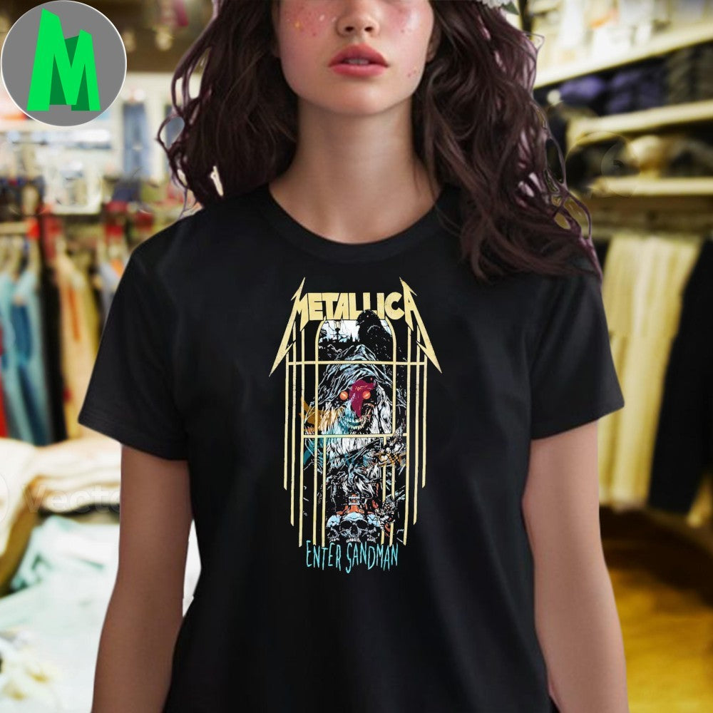 Retro Metallica Enter Sandman Pinball Art Creepy Skull Raven Shirt
