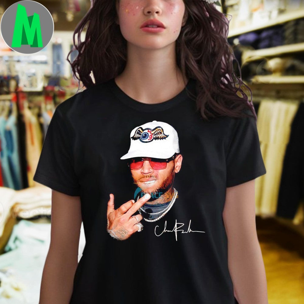 Original Chris Brown White Cap Red Sunglasses Middle Finger Shirt