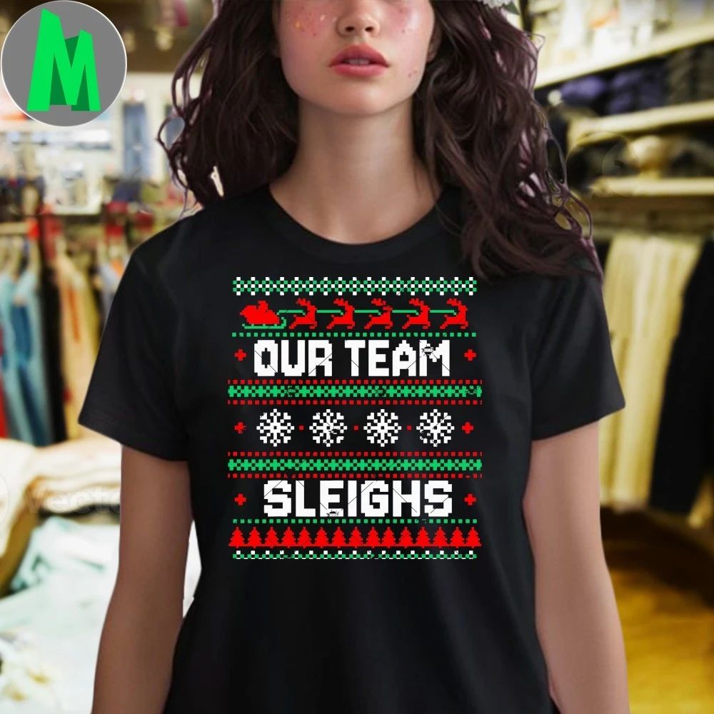 Cute Our Team Sleighs Ugly Christmas Party Pixel Art T-Shirt