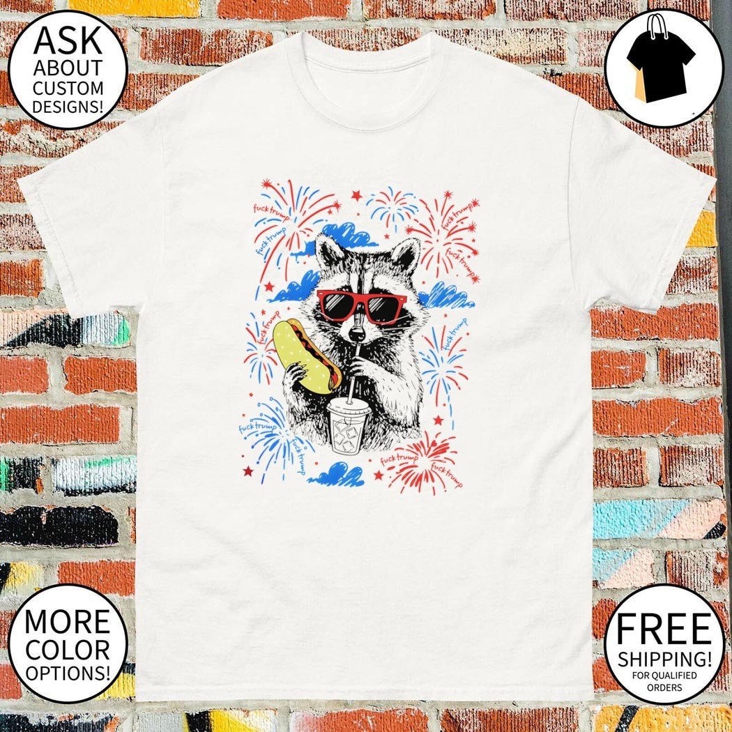 Raccoon with hot dog and drink firework 4th of July shirt