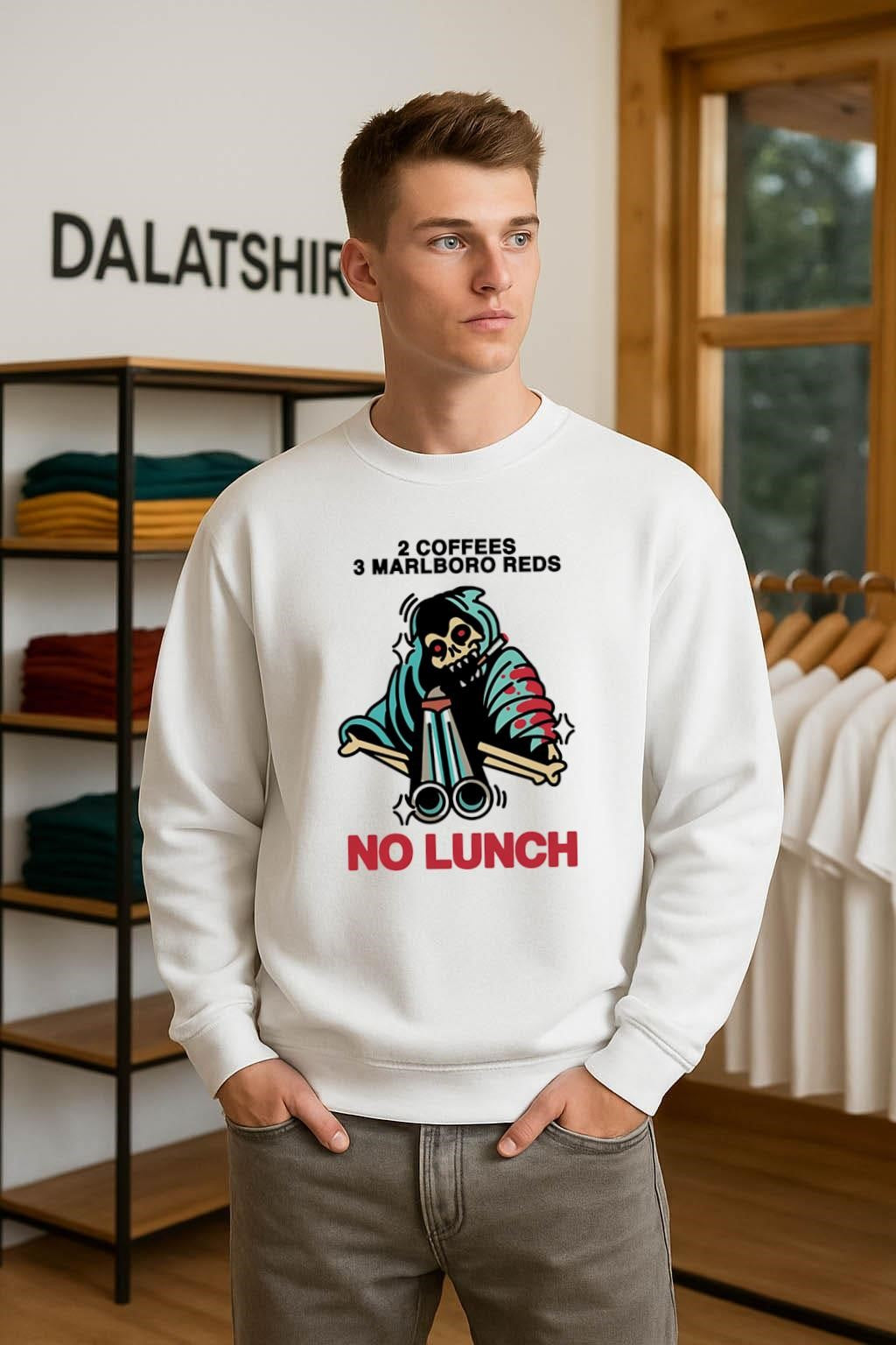 2 Coffees 3 Marlboro Reds Skeleton Holding Shotgun No Lunch shirt