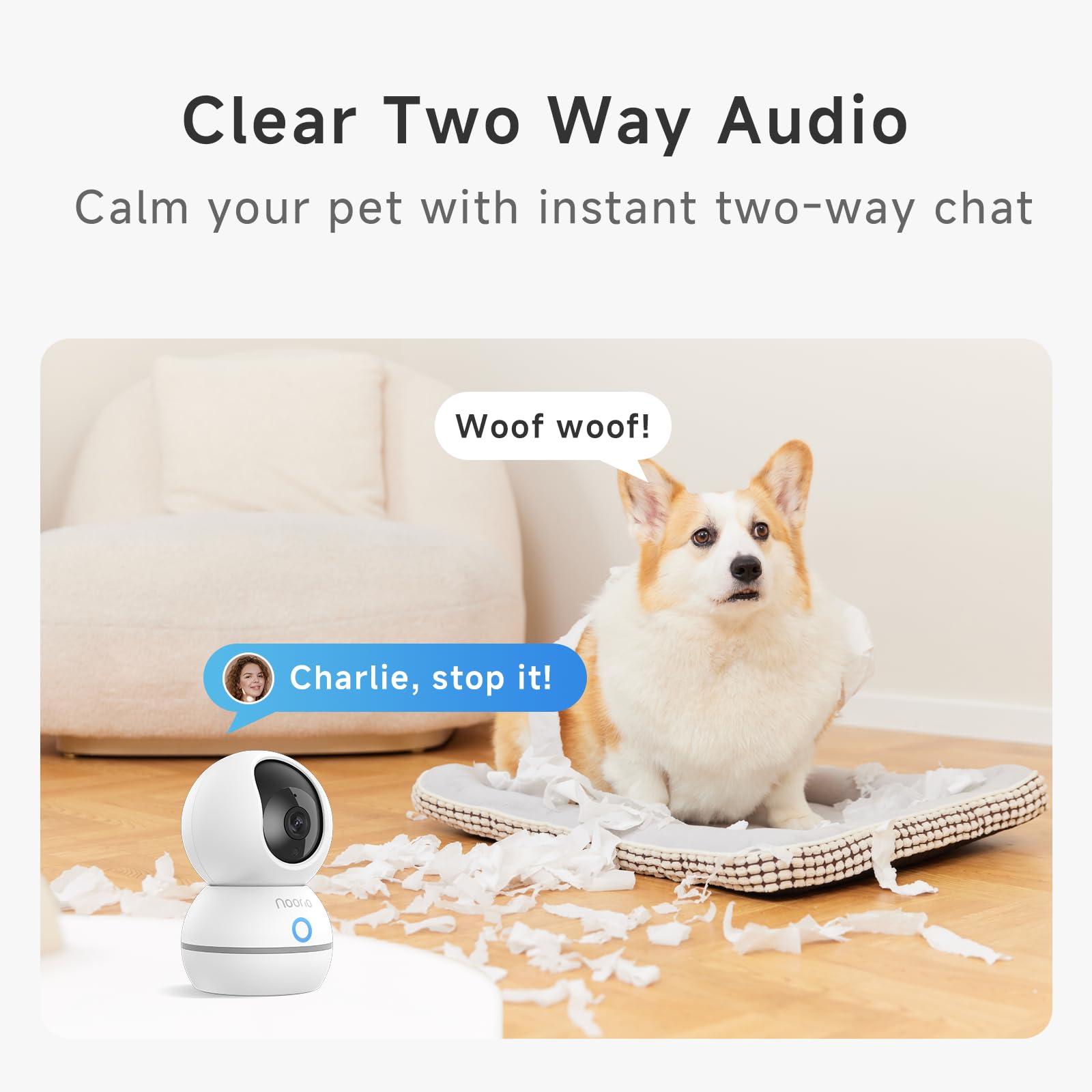 Noorio Security Camera 2K, Baby Monitor Dog Camera 360-degree for Home Security/Smart Motion Tracking, Phone App, IR Night Vision, Siren, Compatible with Alexa, 2-Way Audio, CS201
