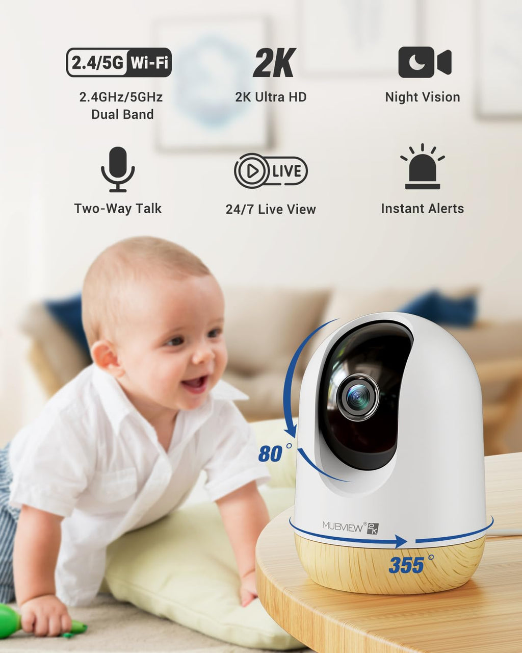 Indoor Security Camera 2K, Pet Camera with Phone App, WiFi Cameras for Home Security Camera for Dog/ Baby Monitor/Elder Pan Tilt, 5/2.4GHz, 24/7, 2-Way Talk, Human Detection, Motion Tracking, Cloud