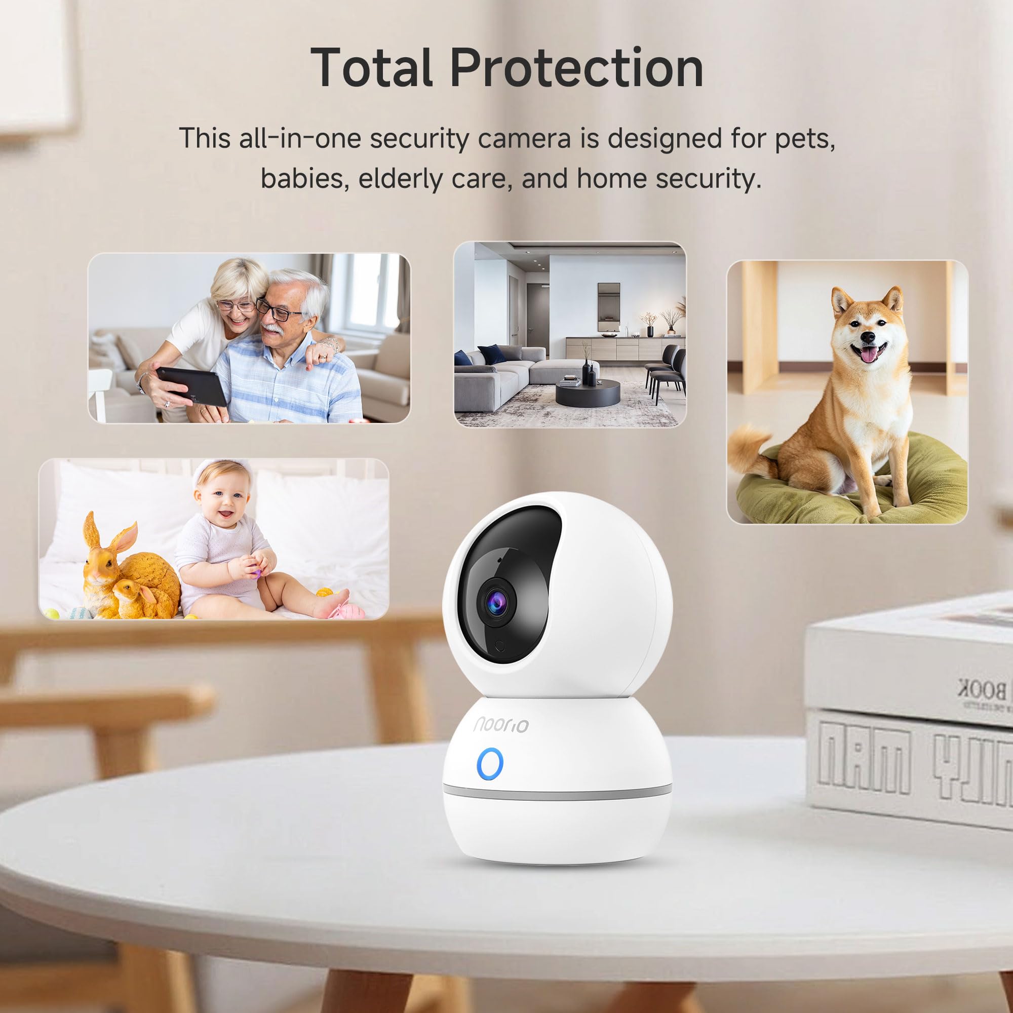 Noorio Security Camera 2K, Baby Monitor Dog Camera 360-degree for Home Security/Smart Motion Tracking, Phone App, IR Night Vision, Siren, Compatible with Alexa, 2-Way Audio, CS201