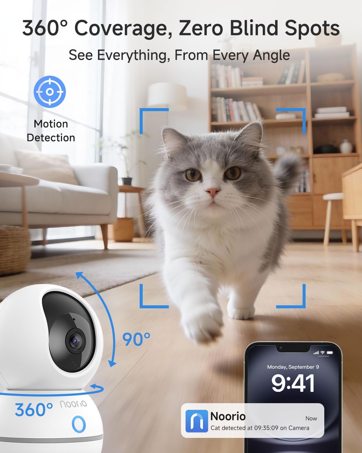 Noorio Security Camera 2K, Baby Monitor Dog Camera 360-degree for Home Security/Smart Motion Tracking, Phone App, IR Night Vision, Siren, Compatible with Alexa, 2-Way Audio, CS201