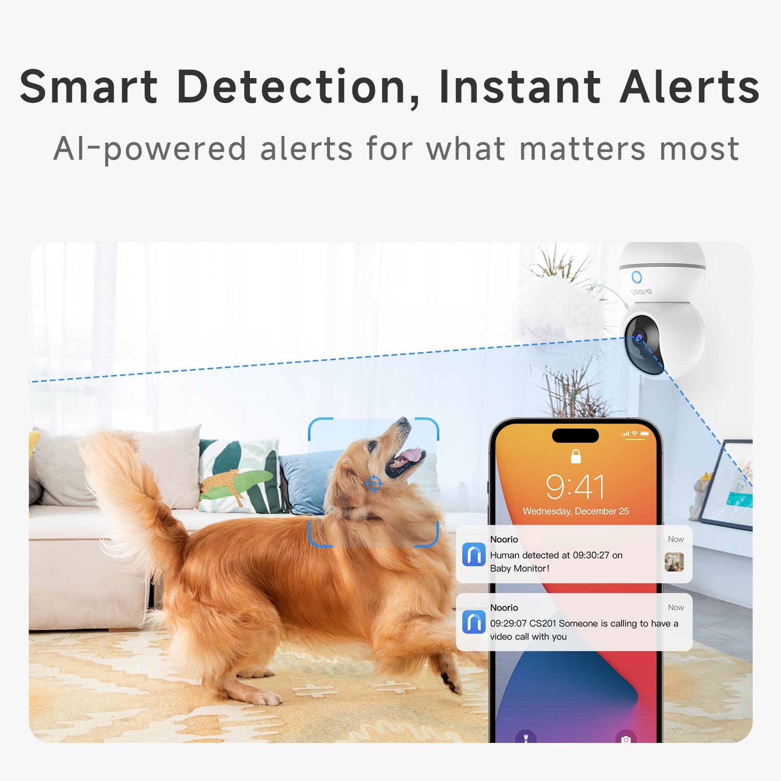 Noorio Security Camera 2K, Baby Monitor Dog Camera 360-degree for Home Security/Smart Motion Tracking, Phone App, IR Night Vision, Siren, Compatible with Alexa, 2-Way Audio, CS201