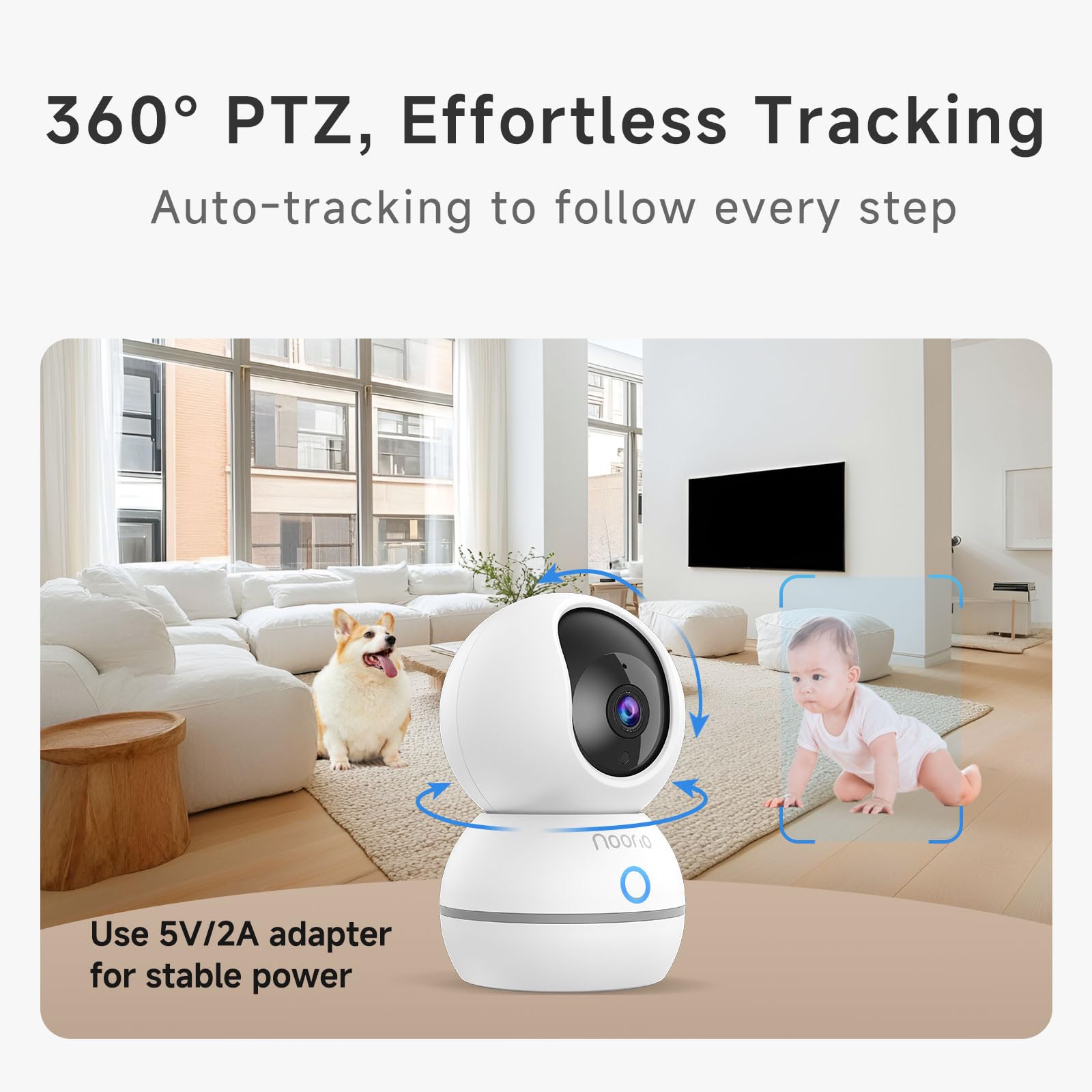 Noorio Security Camera 2K, Baby Monitor Dog Camera 360-degree for Home Security/Smart Motion Tracking, Phone App, IR Night Vision, Siren, Compatible with Alexa, 2-Way Audio, CS201
