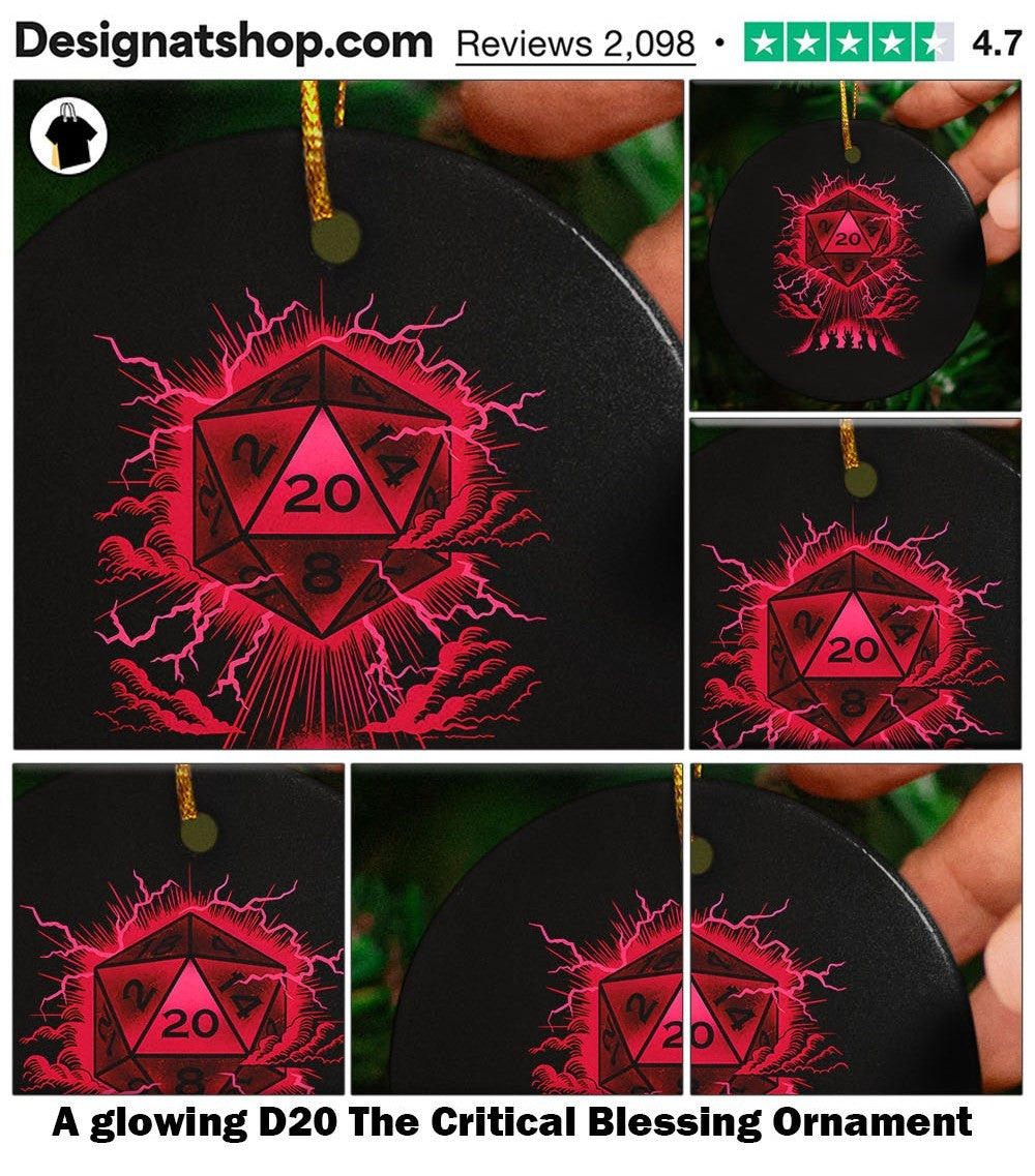 A glowing D20 The Critical Blessing shirt