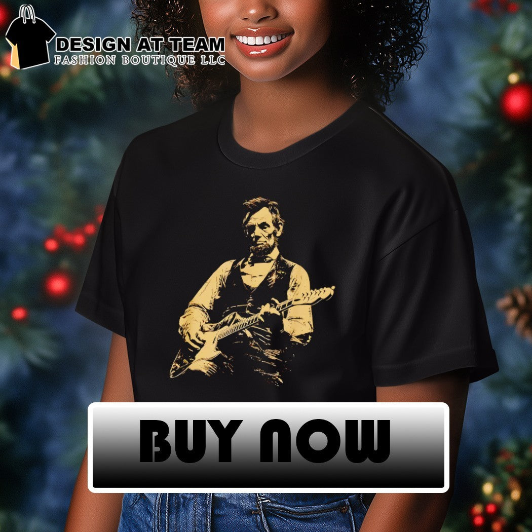 Abraham Lincoln playing electric guitar on a black cotton crew neck unisex shirt