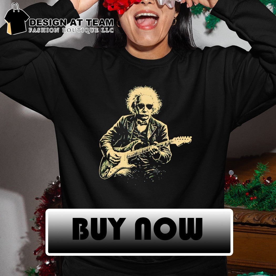 Albert Einstein playing electric guitar in a formal suit vintage shirt