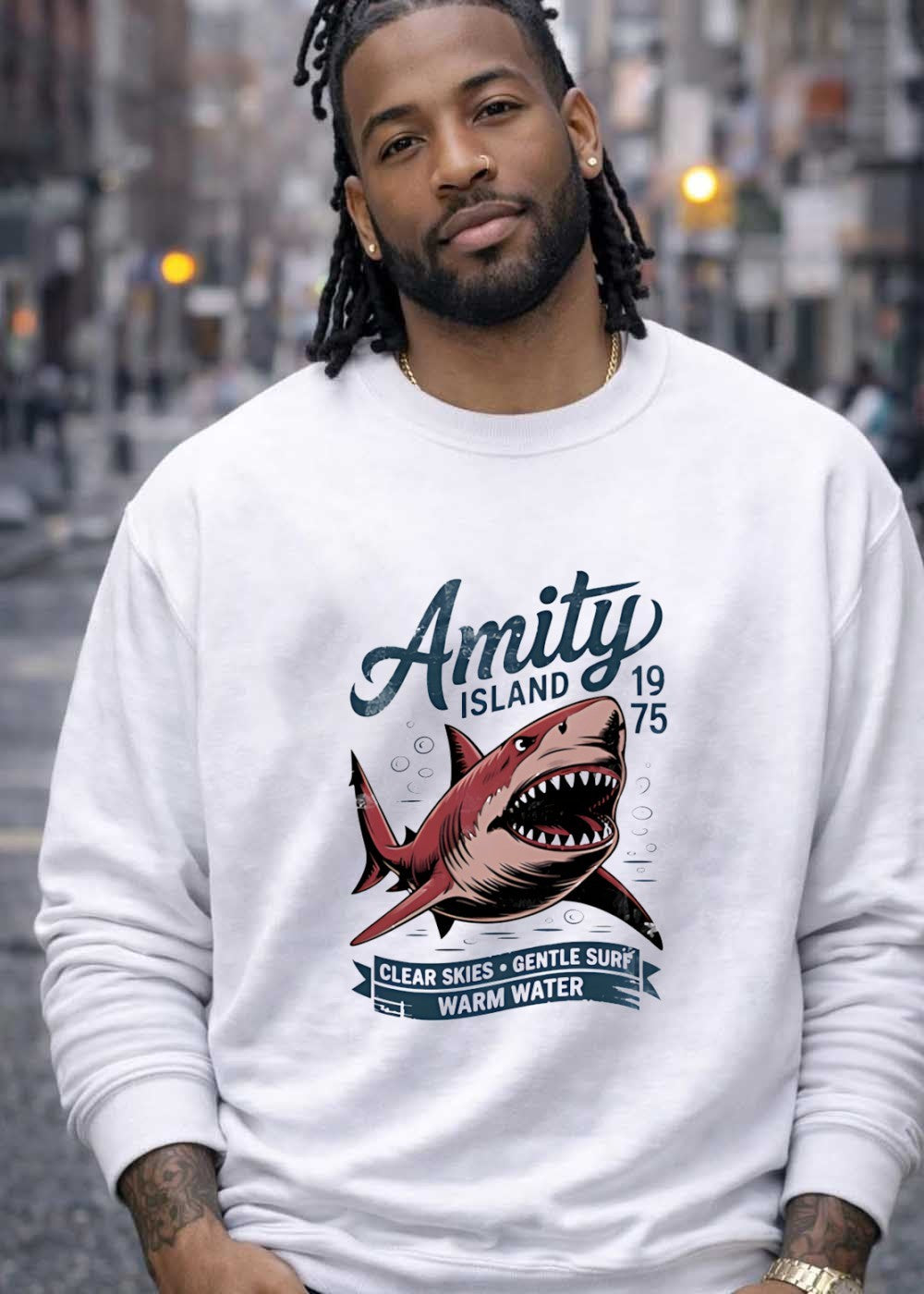 Amity Island 1975 Clear Skies Gentle Surf Warm Water Shark Graphic T-Shirt