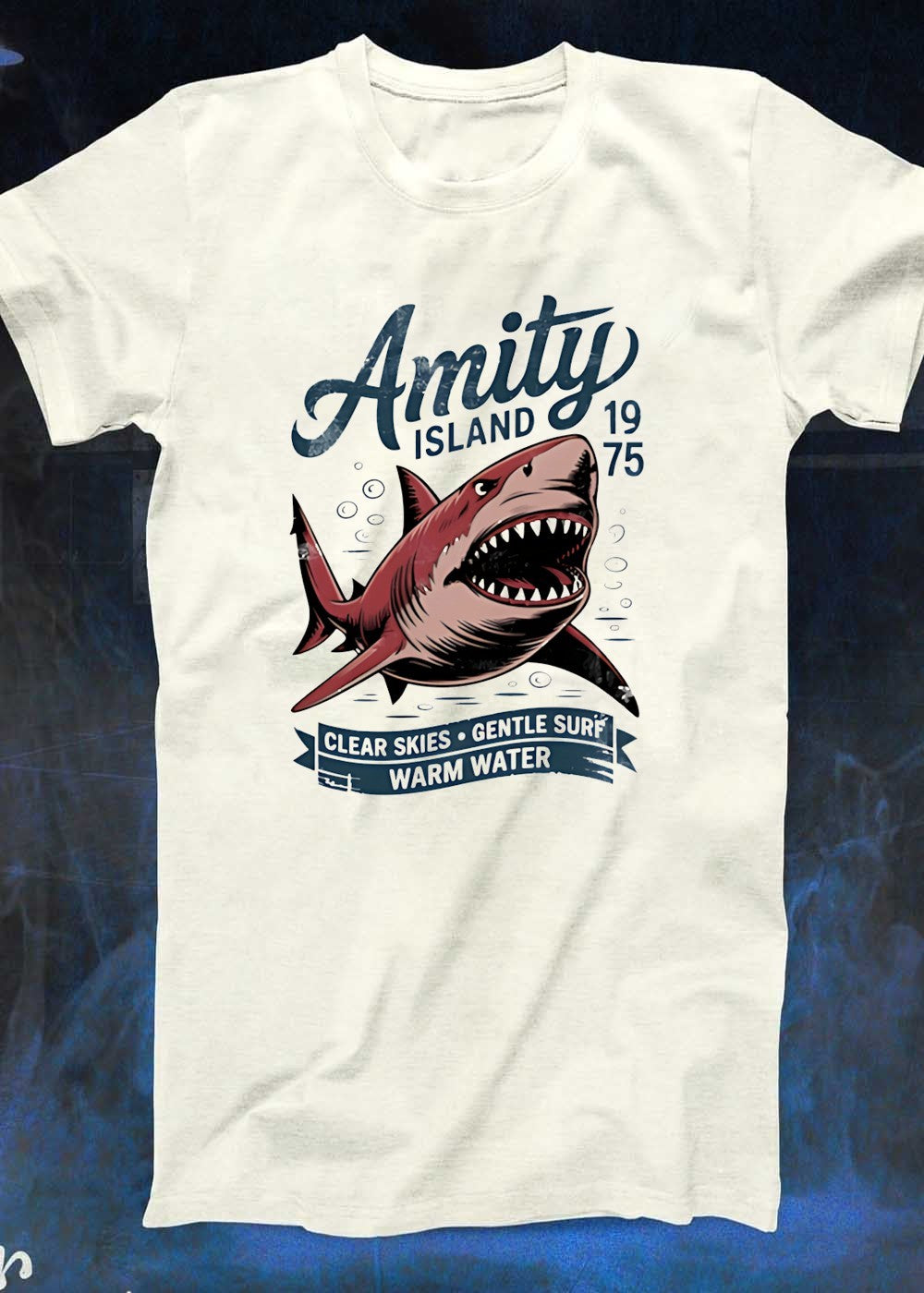 Amity Island 1975 Clear Skies Gentle Surf Warm Water Shark Graphic T-Shirt