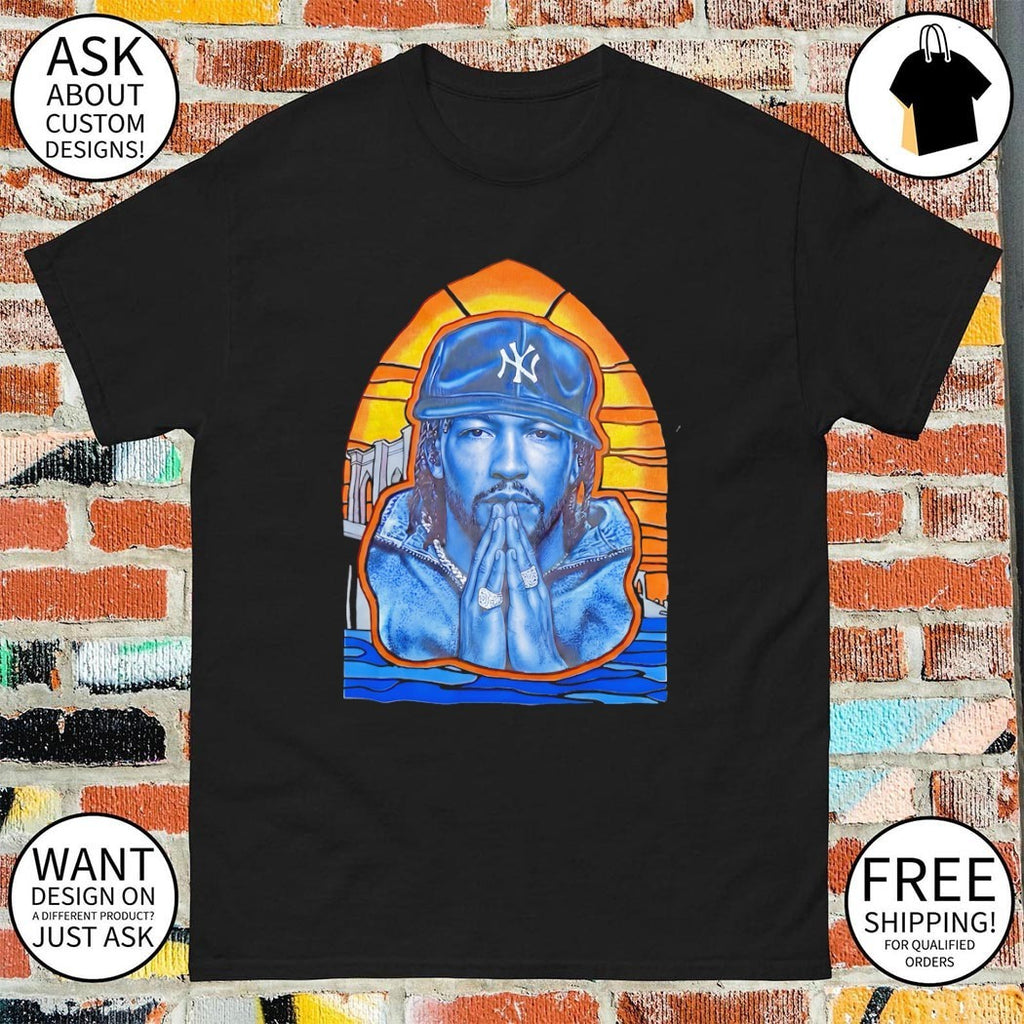 Artist Portrait Brooklyn Bridge New York Yankees Logo praying hands blue t shirt