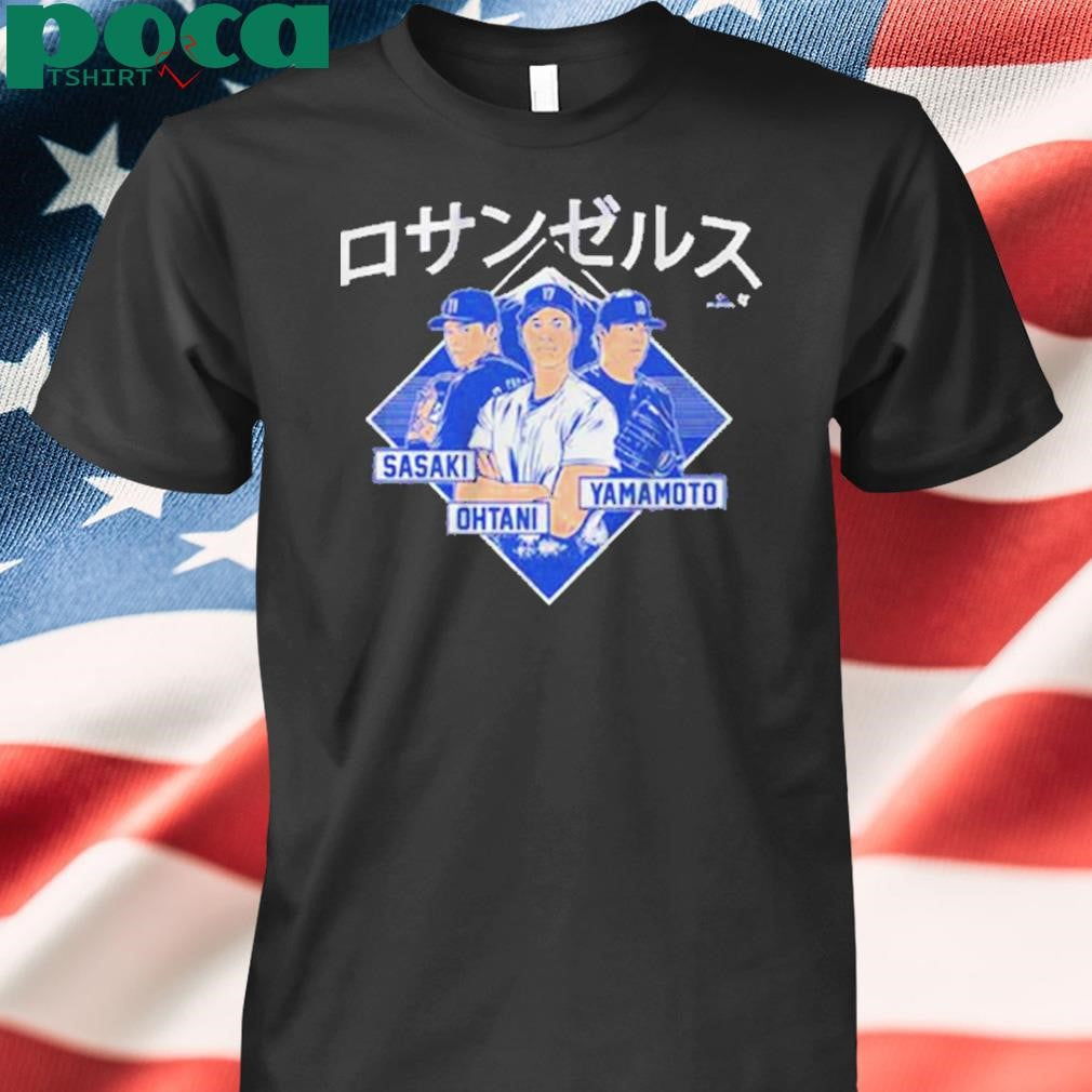 Authorized SHOHEI OHTANI, YOSHINOBU YAMAMOTO, & ROKI SASAKI LOS ANGELES KANJI T-SHIRT