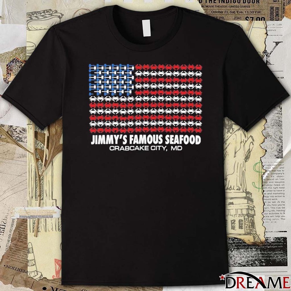 Jimmy’s Famous Seafood Crabcake City MD Crab USA Flag t-shirt