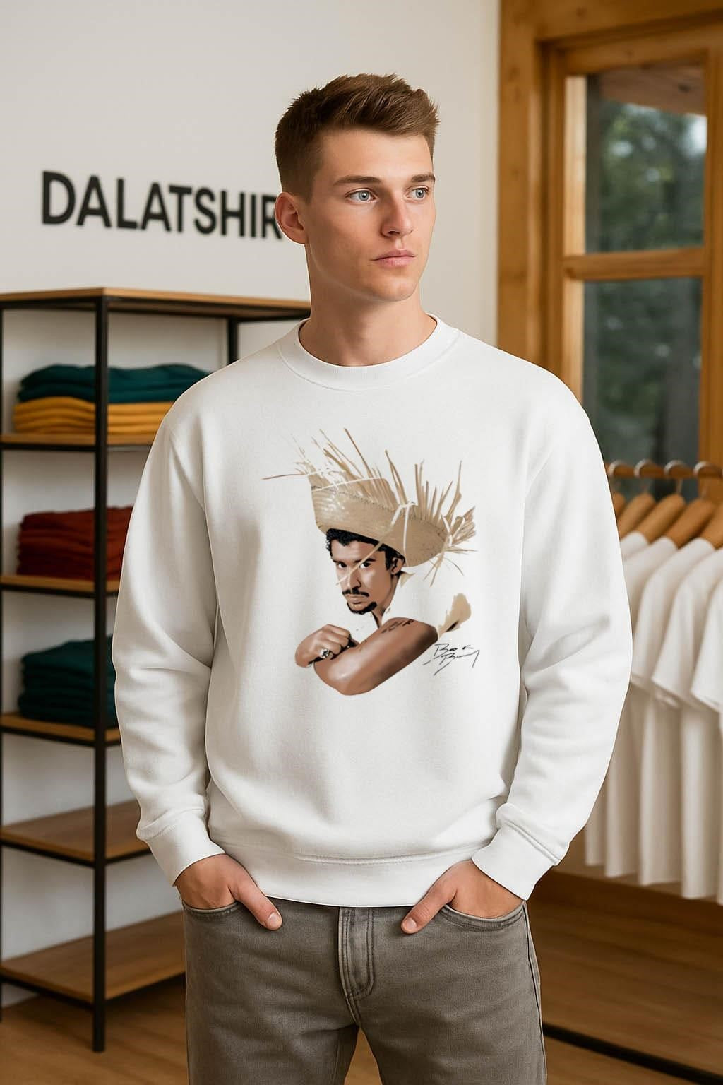 Bad Bunny Portrait with Straw Hat and Signature shirt