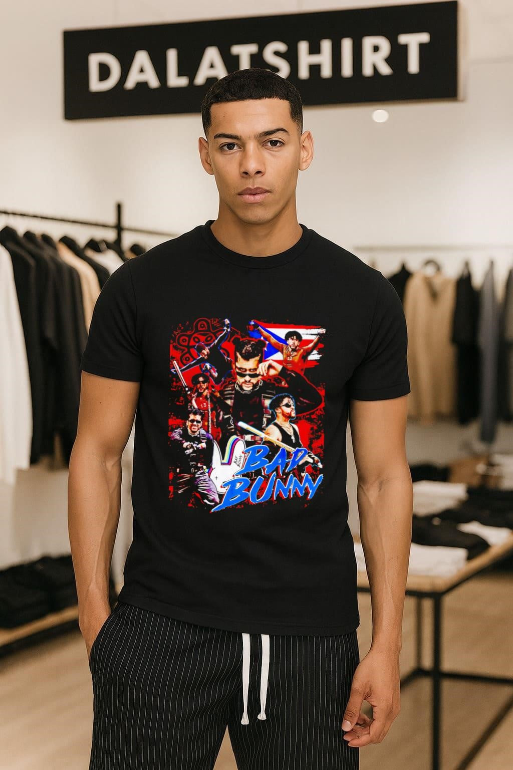 Bad Bunny Puerto Rico Flag Collage Artistic Portrait Music Fan shirt