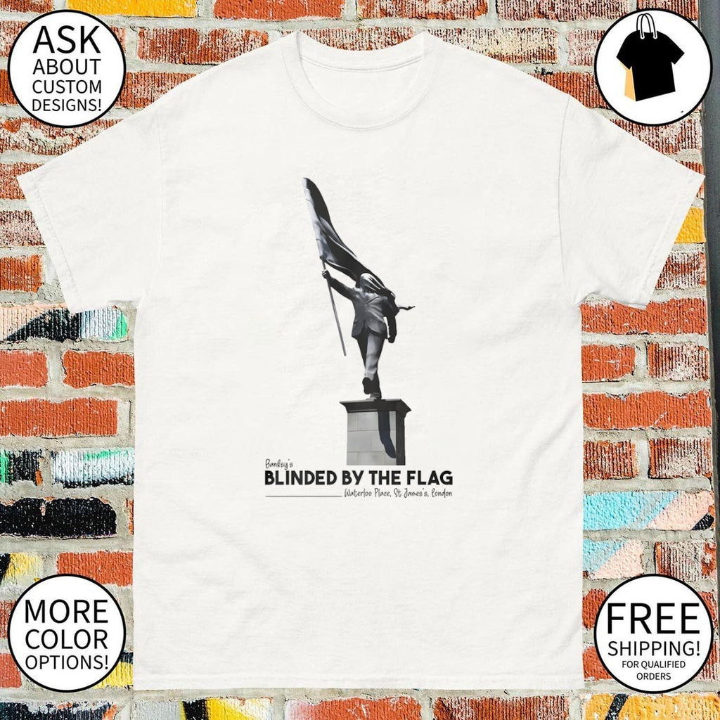 Banksy London Statue blinded by the flag shirt