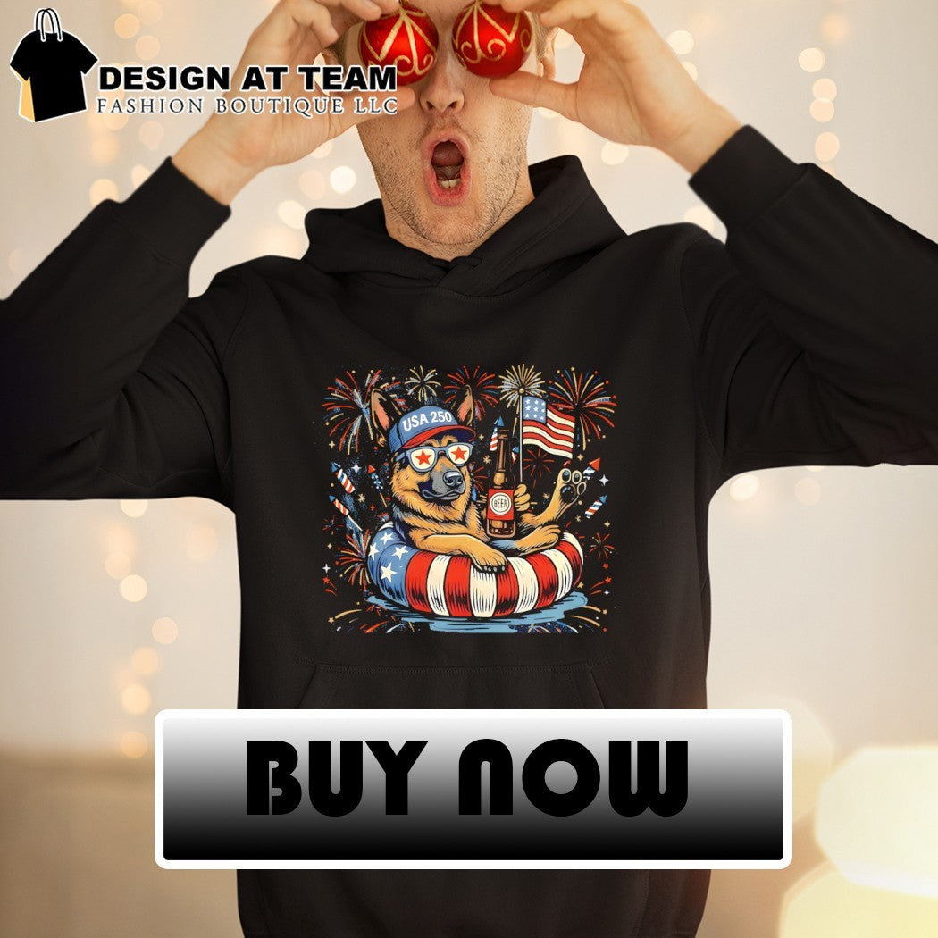Becgie dog holding beer USA 250 firework American flag 4th of July shirt