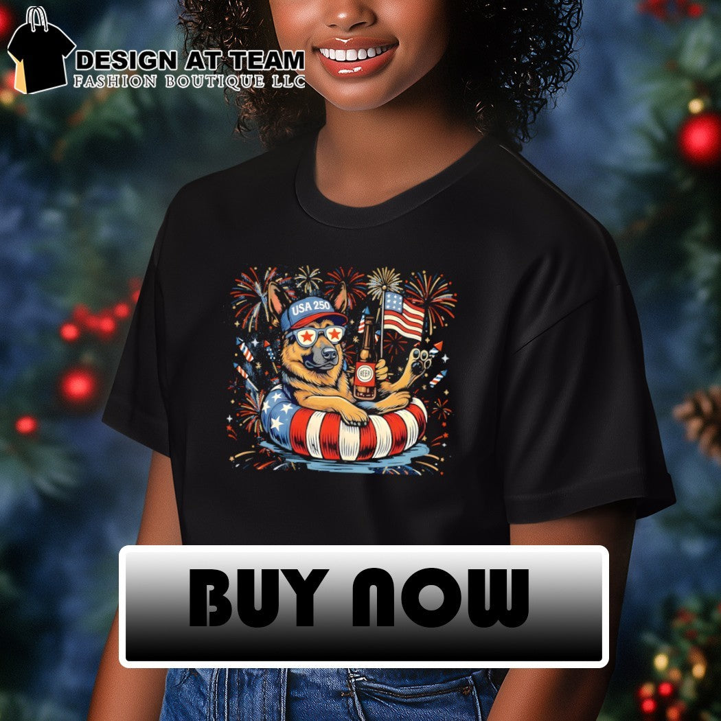 Becgie dog holding beer USA 250 firework American flag 4th of July shirt