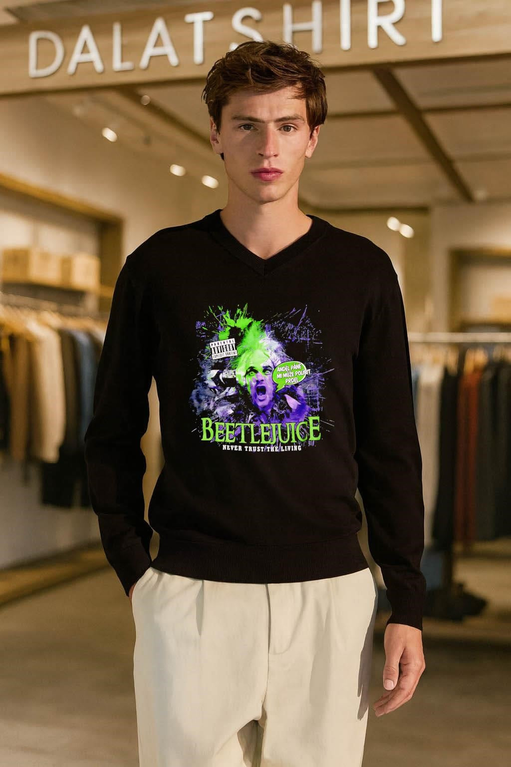 Beetlejuice Never Trust the Living purple green horror shirt