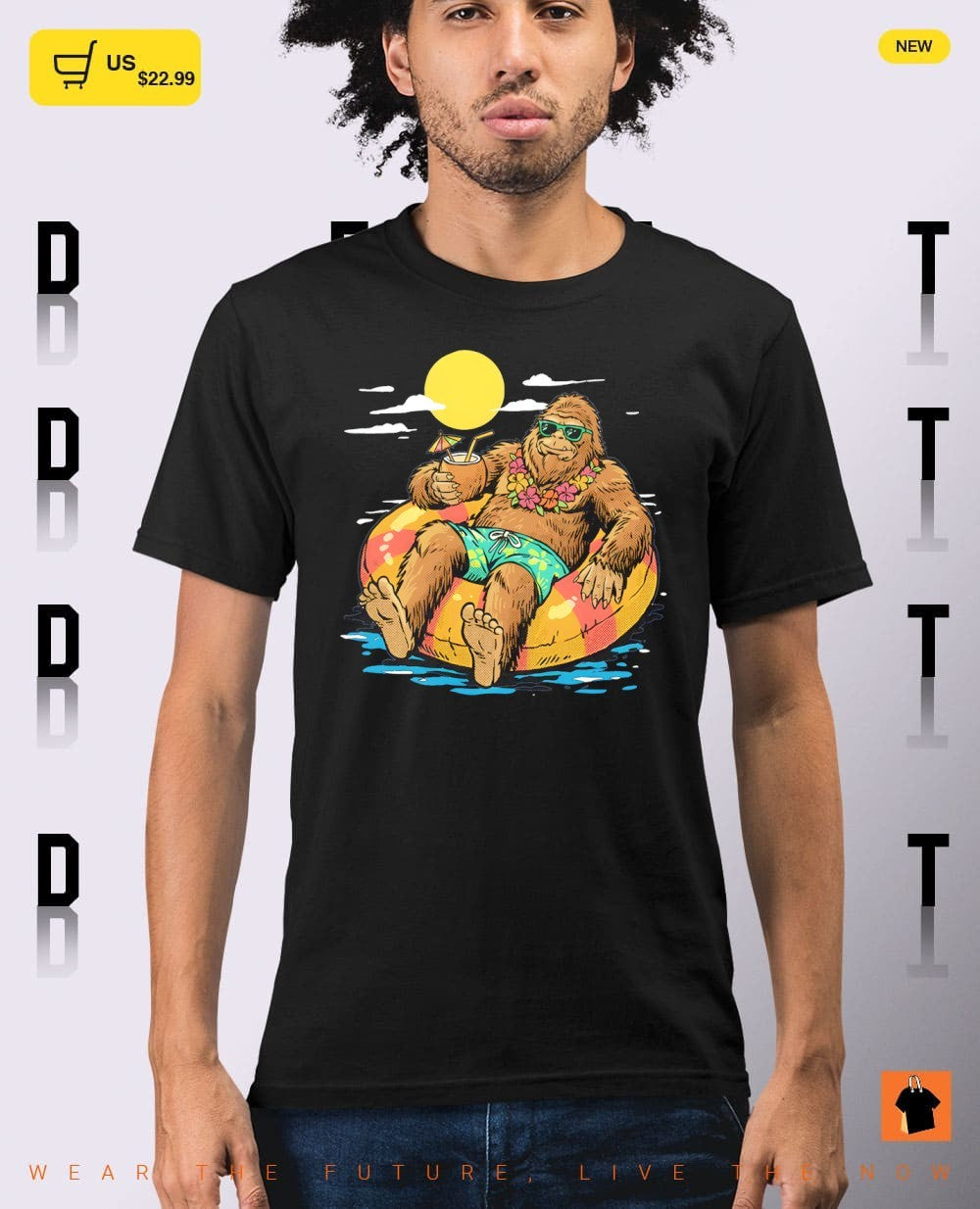 Bigfoot lounging at the beach with a cocktail cryptid summer shirt