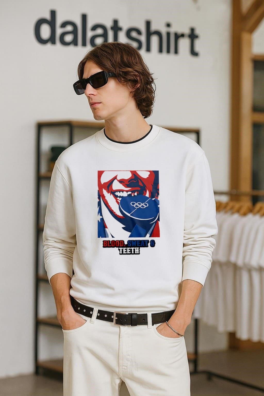 Blood Sweat and Teeth biting blue Olympic medal shirt
