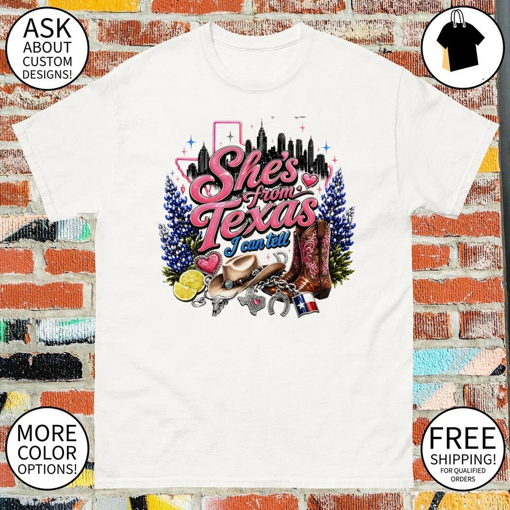 Bluebonnet Cowboy Hat Texas Skyline she’s from Texas I can tell text shirt