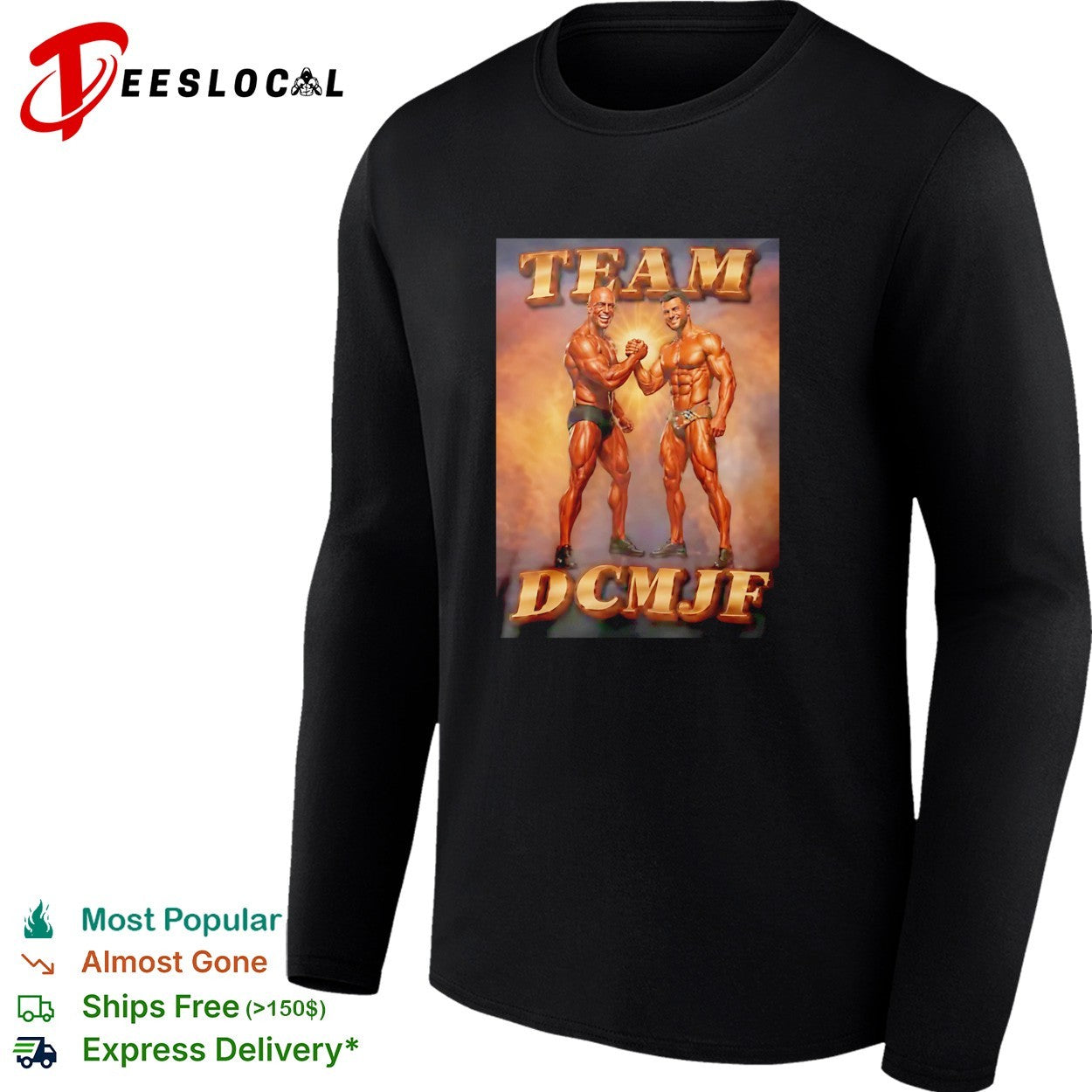 Bodybuilders fist bump team DCMJF shirt