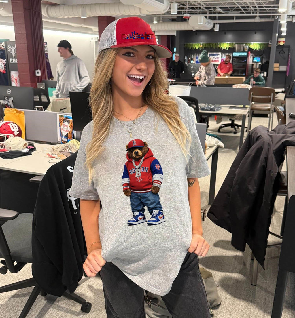 Boston Bear With B Gold Chain Red Hoodie Blue Jeans shirt