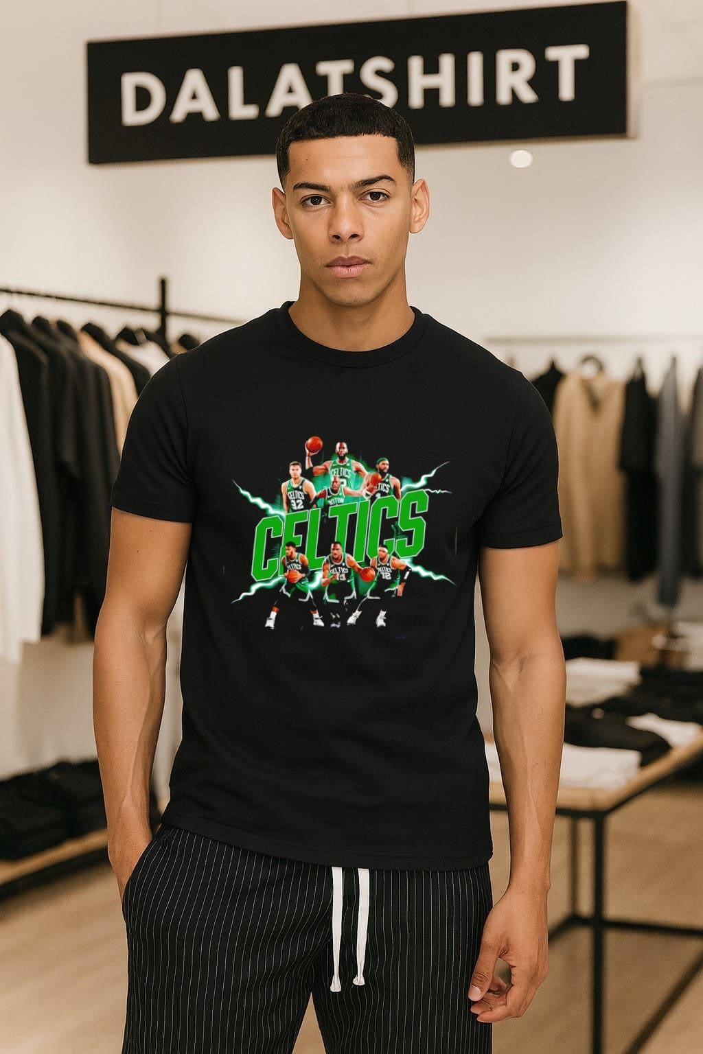 Boston Celtics Basketball Players Team Green Lightning Graphic shirt