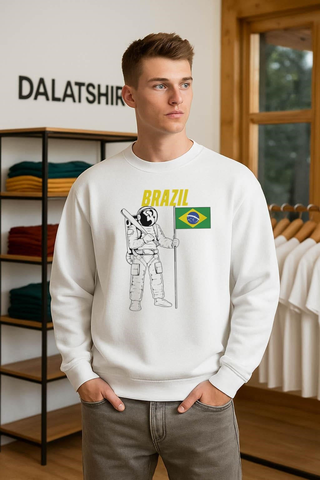Brazil Astronaut Holding Baseball Bat and Flag of Brazil shirt