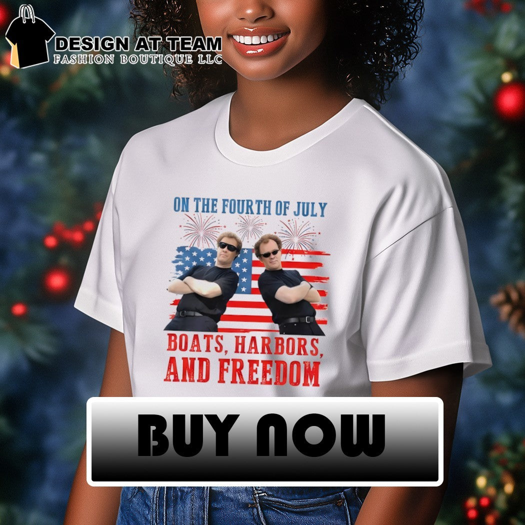 Brennan Huff and Dale Doback on the fourth of July Boats Harbors and Freedom shirt