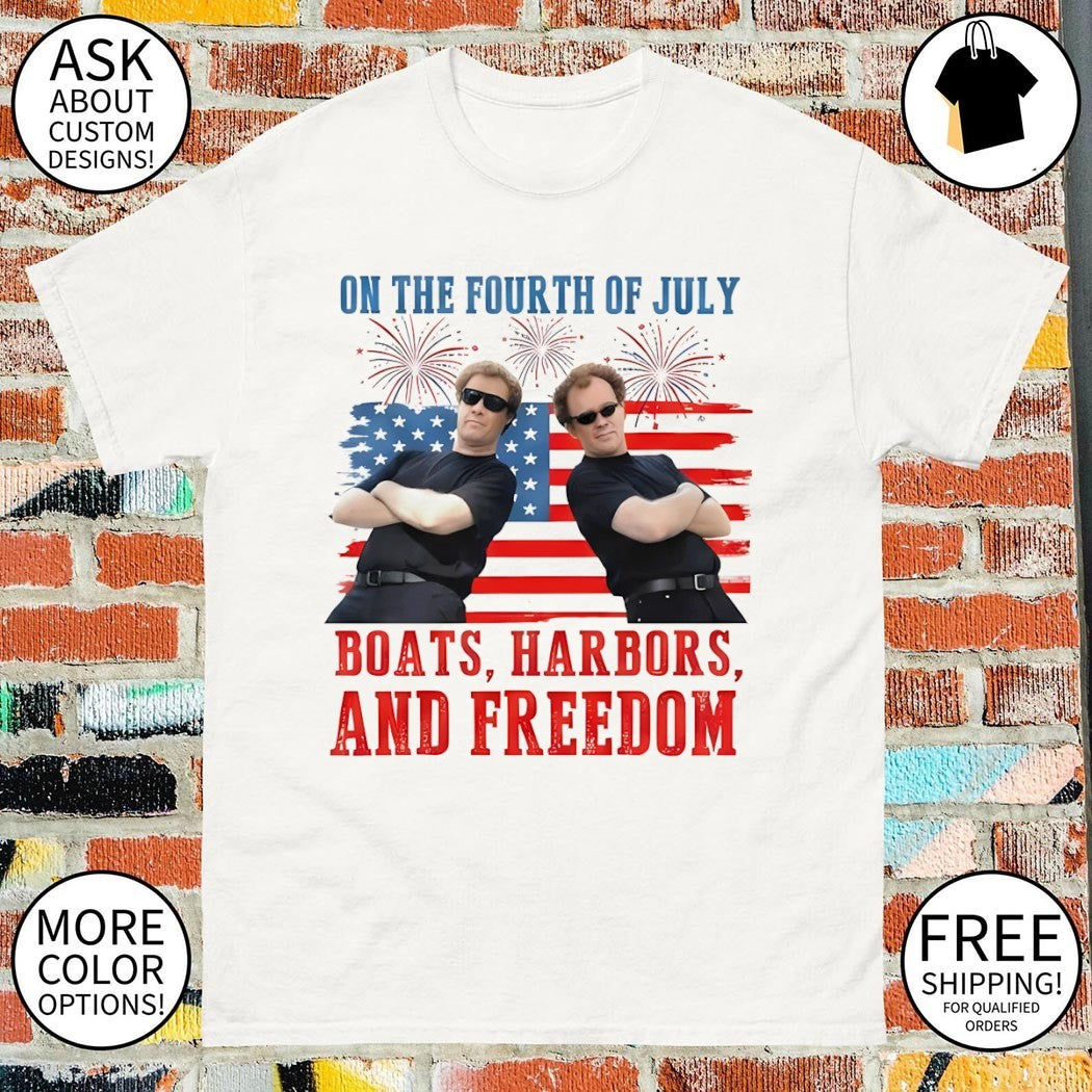 Brennan Huff and Dale Doback on the fourth of July Boats Harbors and Freedom shirt