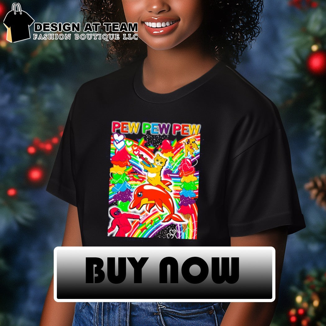 Cat dolphin Pew Pew Pew Lisa Frank shirt