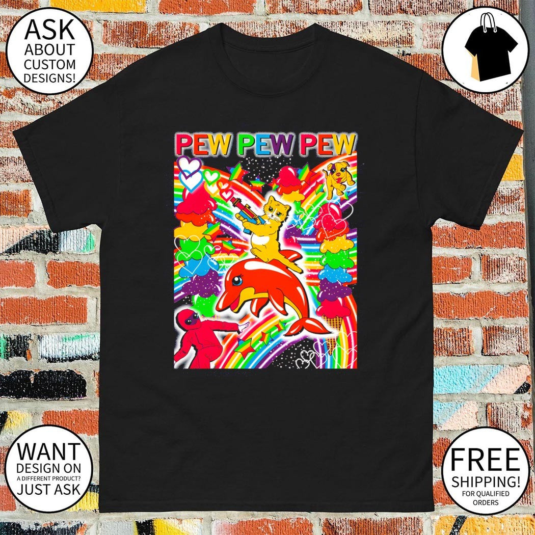 Cat dolphin Pew Pew Pew Lisa Frank shirt
