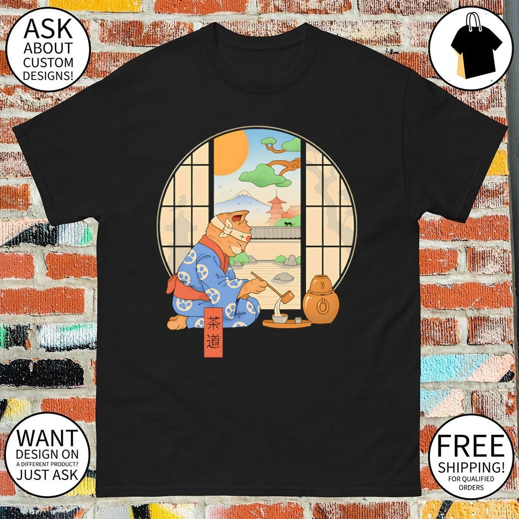 Cat performing a tea ceremony a Ukiyo-e style shirt