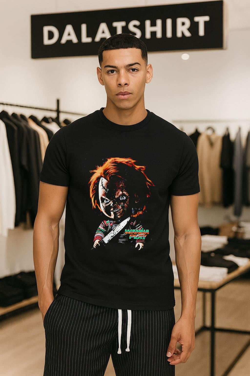 Chucky Wanna Play Horror Movie Character Holding Knife Graphic shirt