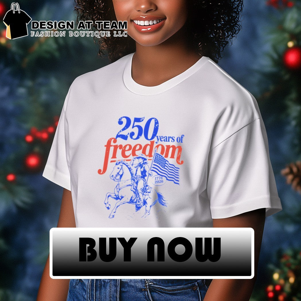 Cowboy riding horse holding American flag 250 Years of Freedom 1776 2026 shirt