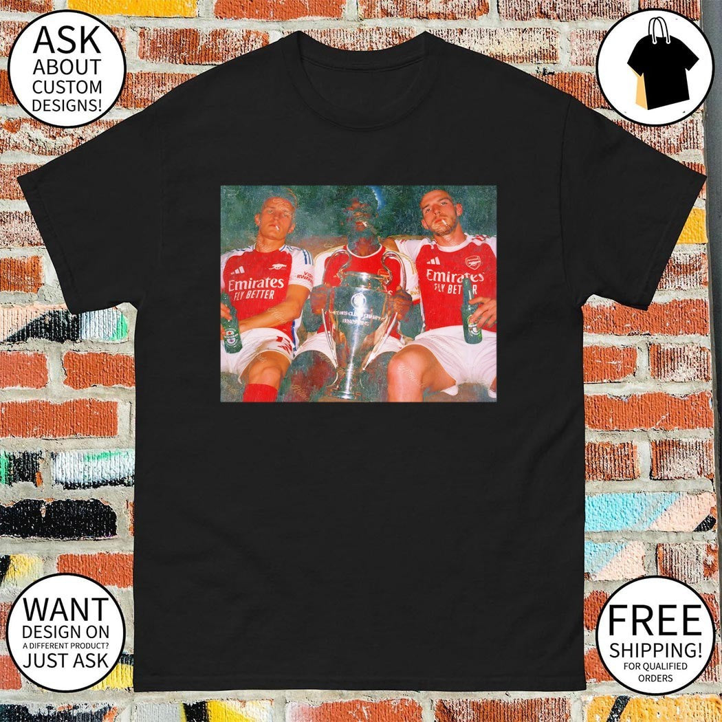 Declan Rice Bukayo Saka Martin Odegaard drink beers Trophy Arsenal FC 2026 shirt