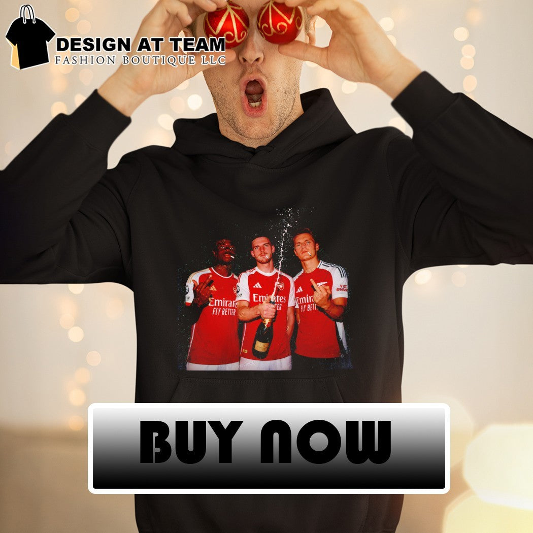 Declan Rice Bukayo Saka Martin Odegaard middle finger beers Arsenal FC 2026 shirt
