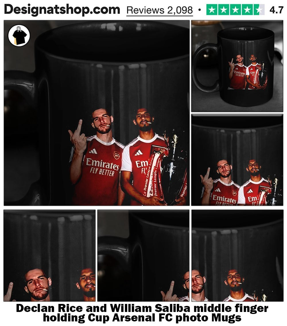 Declan Rice and William Saliba middle finger holding Cup Arsenal FC photo shirt