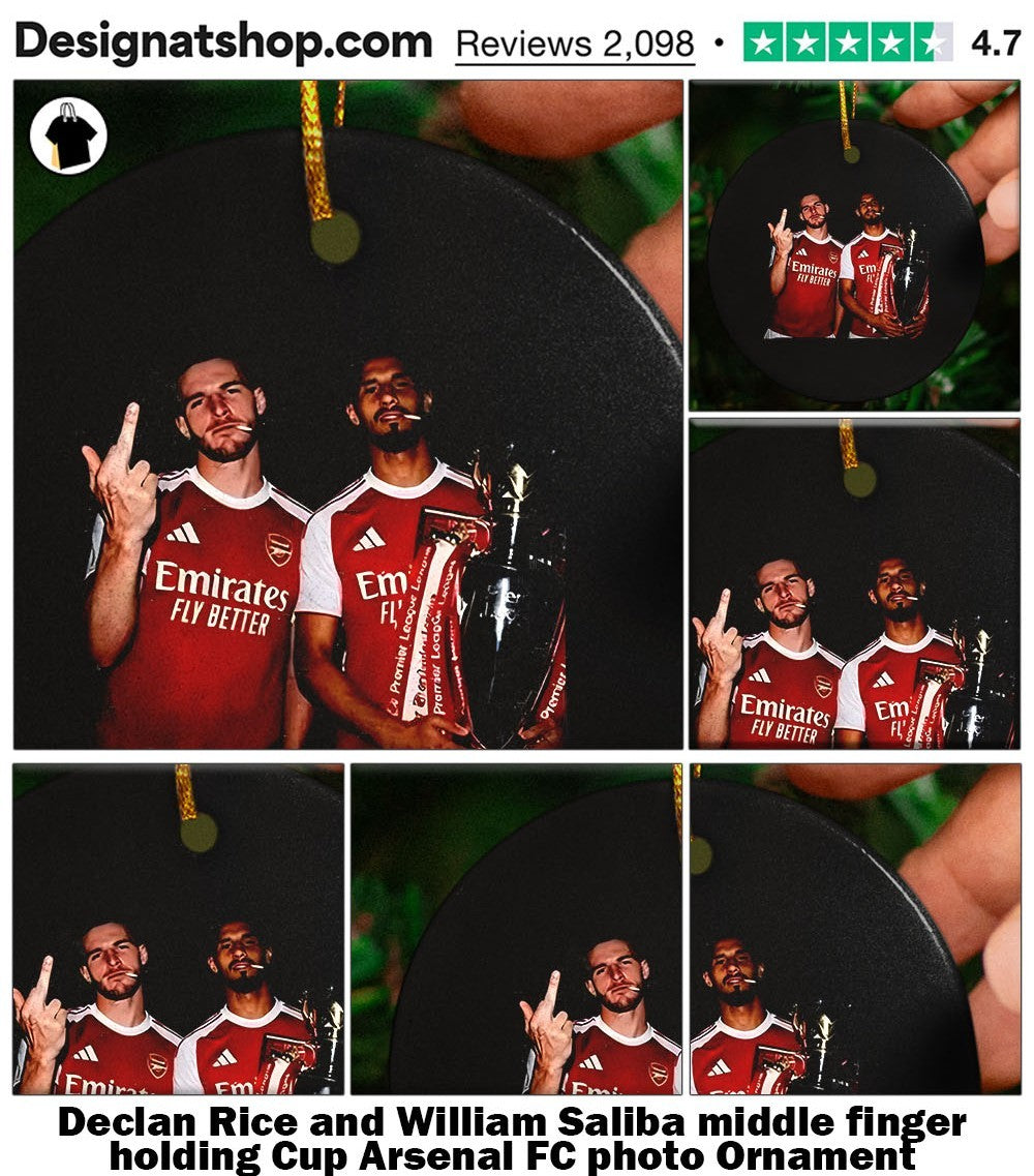 Declan Rice and William Saliba middle finger holding Cup Arsenal FC photo shirt