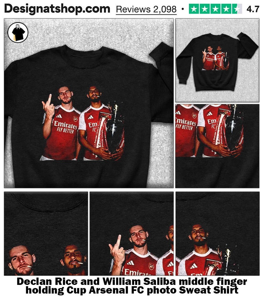 Declan Rice and William Saliba middle finger holding Cup Arsenal FC photo shirt