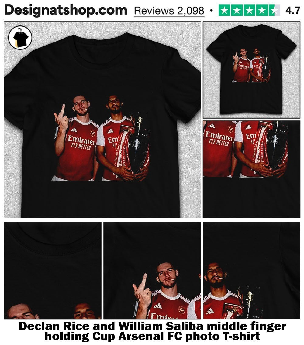 Declan Rice and William Saliba middle finger holding Cup Arsenal FC photo shirt