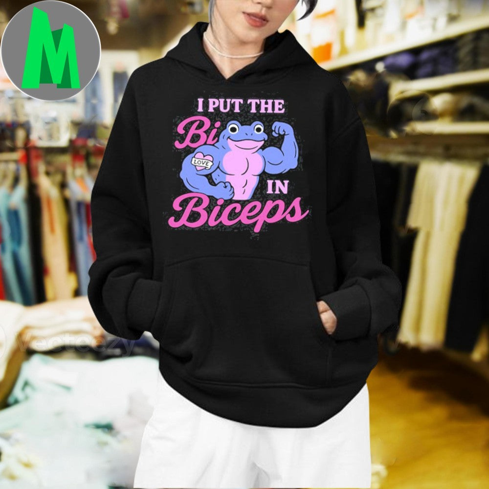 Design Black Funny LGBTQ+ Pride Beat The Bees I Put The Bi In Biceps Frog Shirt